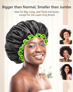 mikimini Extra Large Black Shower Caps Pack of 2 for Women and Men Thick Long Hair Braids, Reusable Waterproof Double Layers XL Bathing Hair Cap with Vibrant Green Edge (Black)