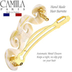 Camila Paris CP3169 French Hair Barrette Clip for Girls, Handmade, White, Gold Metal Clasp Strong Hold Grip Hair Clips for Women, No Slip and Durable Styling Girls Hair Accessories, Made in France