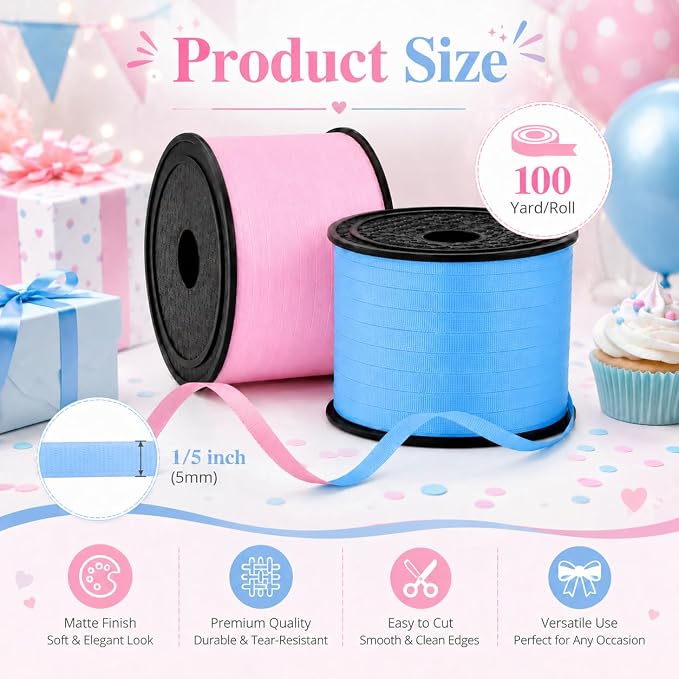 BEISHIDA 2 Pack 100 Yards Matte Blue Pink Curling Crimped Glitter Ribbon - Image 2