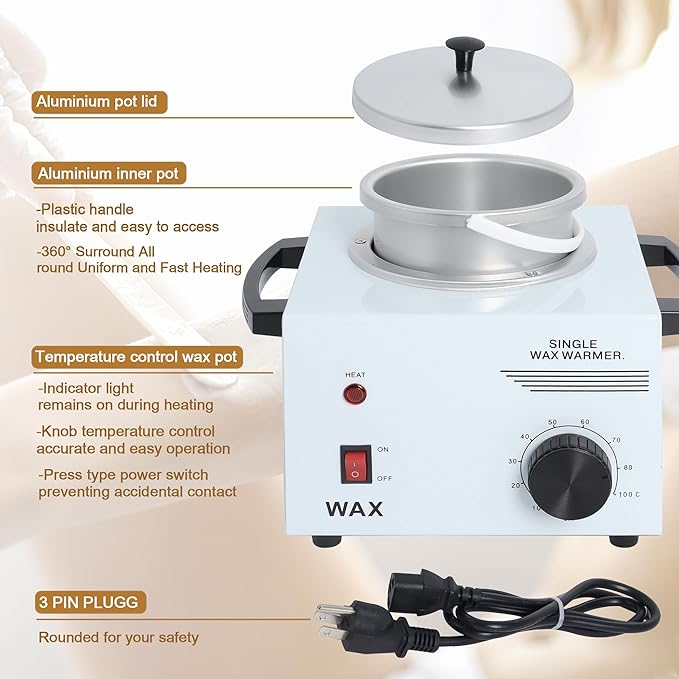 Podoy Wax Warmer for Hair Removal, Professional Single Wax Warmer Pot Melter Heater with Adjustable Temperature Set, Home Spa & Salon Electric Waxing Machine with 200pcs Sticks