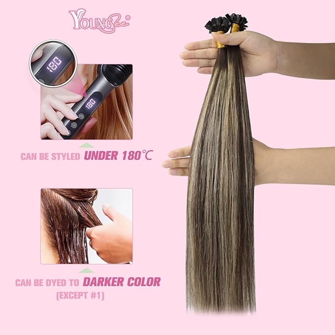 YoungSee Ktip Hair Extensions Ombre Dark Brown with Ash Blonde K Tips Hair Extensions Human Hair Ombre 24In 1G/S 50G