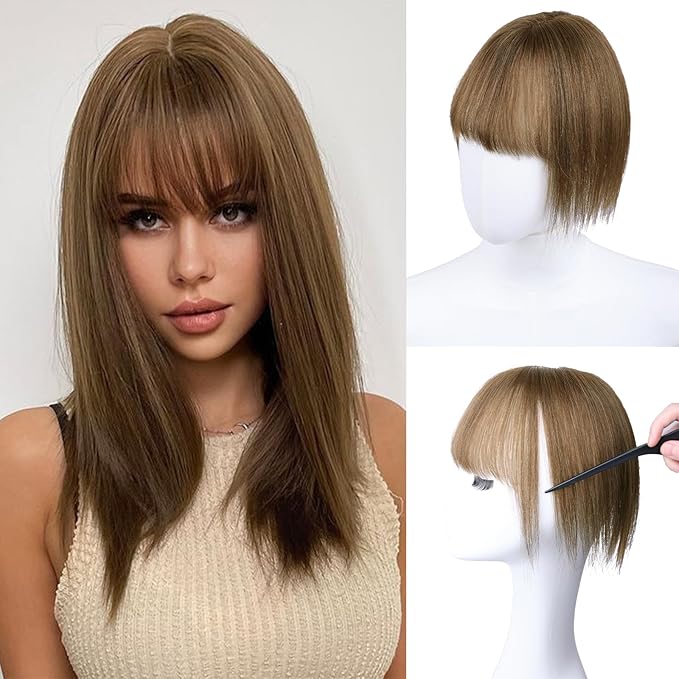 VERNA Hair Toppers for Women Real Human Hair 360°3D Cover Bangs Hair Clip,100% Real Human Hair Light Brown Clip in Bangs,Hair pieces for Daily Wear(5.5 * 9)