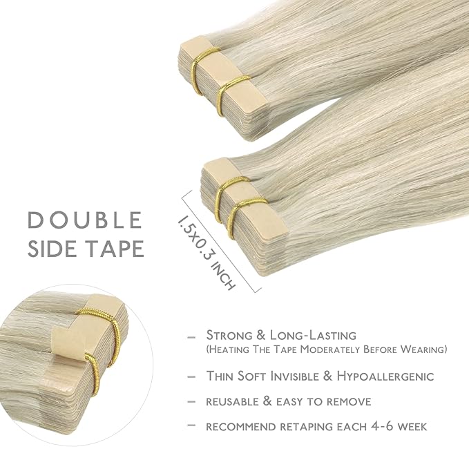 WENNALIFE Tape in Hair Extensions Human Hair, 20pcs 50g 24 inch Ash Blonde Highlighted Platinum Blonde Remy Hair Extensions Straight Human Hair Tape in Extensions Skin Weft Tape Extensions