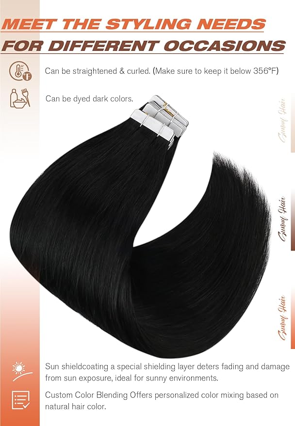Sunny Hair Tape in Hair Extensions Human Hair 26inch Hair Extensions Real Human Hair Tape in Extensions for Women Jet Black Invisible Remy Hair Natural Straight Skin Weft Double Sided Tape 40pcs 100g
