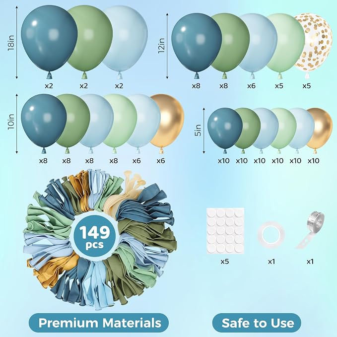 Ouddy Party 149Pcs Dusty Blue Green Pastel Blue Gold Balloon Garland Kit - Image 3