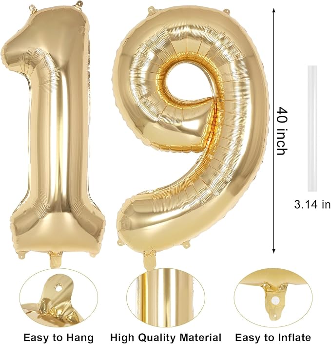 Champagne Gold Large Number 19 Balloon, 40 Inch Light Gold Foil Helium Number - Image 2