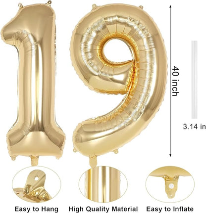 Champagne Gold Large Number 19 Balloon, 40 Inch Light Gold Foil Helium Number - Image 2