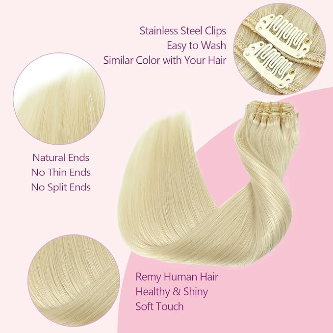 PINKPEARL Clip in Hair Extensions #60 Platinum Blonde Clip in Hair Extensions Real Human Hair 7pcs 120g 20inch Blonde Hair Extensios Clip ins for Women Straight Natural Human Hair Clip ins (#60-20)