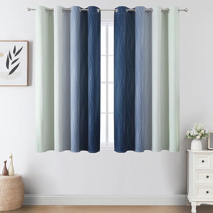 Sage Green and Navy Blue Ombre Blackout Curtains 45 Inch Length, Full Room - Image 2
