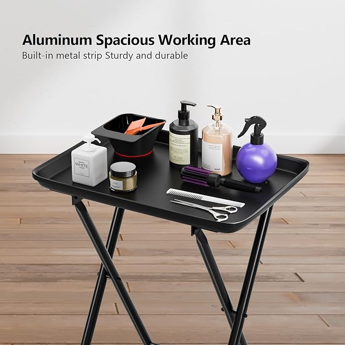 OmySalon Salon Tray on Wheels Folding Color Trays for Salon, Aluminum Tattoo Tray Rolling Trolley Cart Mobile Hair Cart for Stylist Hairdresser, Beauty Spa Service Storage Station