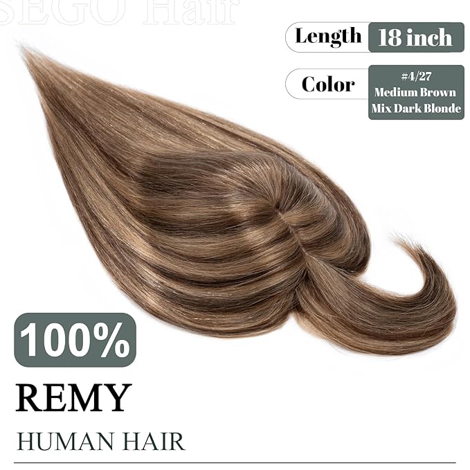 SEGO Hair Toppers for Women Real Human Hair with Thinning, with Front Bangs Clip in Toppers Straight 150% Density Silk Base -18 Inch #4/27 Medium Brown Mix Dark Blonde