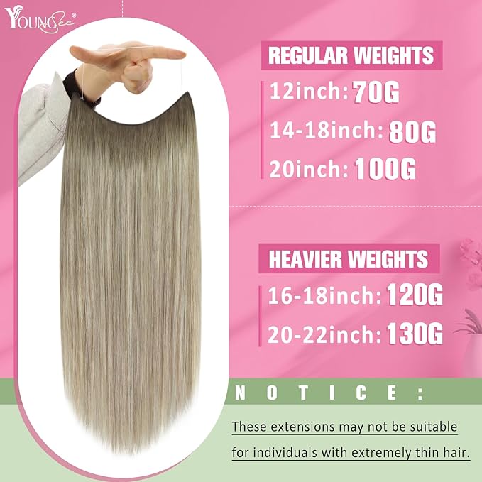 YoungSee 120G Wire Hair Extensions Ombre Blonde Hair Extensions Invisible Wire Balayage Ash Blonde Ombre Platinum Blond One Piece Human Hair Extensions Thick Straight Hair 16Inch