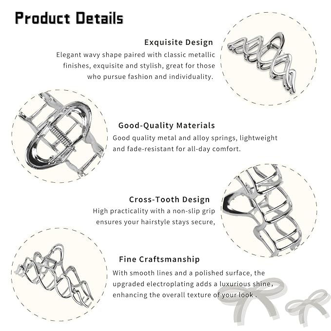 Wave Metal Hair Clips Silver Wavy Hair Claw Clip Hair Claws Strong Hold Nonslip Hair Jaw Clips for Thin Thick Hair Stylish Hair Accessories for Women Girls