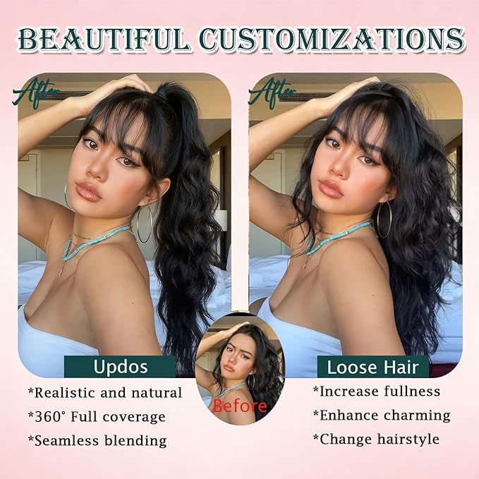 Benehair Clip in Bangs 100% Real Human Hair Extensions 360° Cover Clip on 3D Wispy Bangs for Women Topper Hairpieces for Women Natural Black