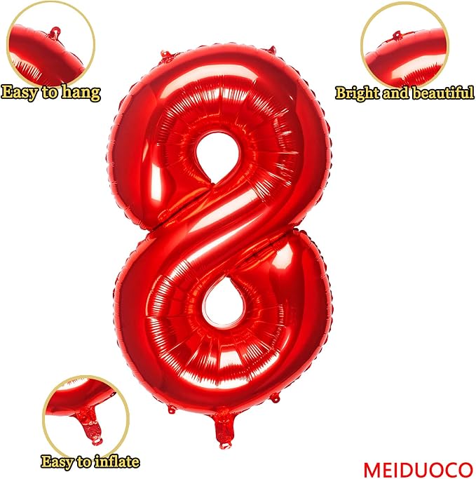 1pc Red 8 Number Balloon, 32 inches, Self Sealing, Birthday Decoration Supplies - Image 2