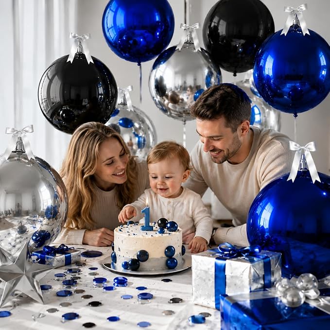 9 Pcs Black Blue Silver Round Foil Balloons Black Royal Navy Blue Metallic - Image 3
