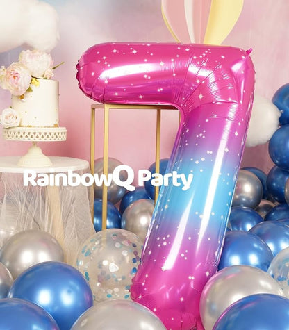 RainbowQ Blue Pink 7 Balloon Number 40 Inch Big 0-10 Foil Large Balloon | - Image 4