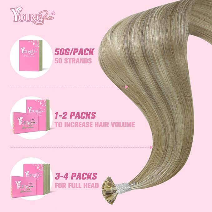 YoungSee K Tip Hair Extensions Light Brown K Tips Human Hair Extensions Highlight Light Brown With Blonde Keratin Hair Extensions U Tip Highlight 16in Hot Fusion Remy Hair Extensions for Women 50s/50g