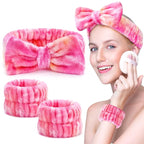 3PCS Spa Headband and Wristbands Set for Women, Soft Microfiber Face Wash Headband with Cute Bow, Elastic Absorbent Wrist Towels, Makeup Skincare Accessories for Facial, Shower, Yoga