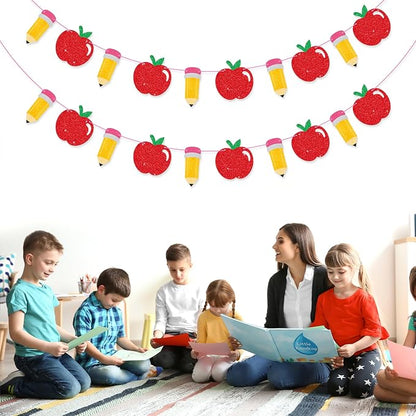 School Banner Garland For Back To School Decorations, Glitter Apple Pencil - Image 5