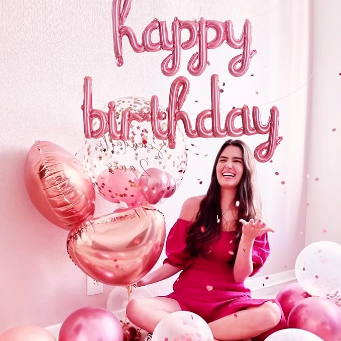 TONIFUL 16 Inch Pink Cursive Happy Birthday Balloons Banner Decorations | - Image 3