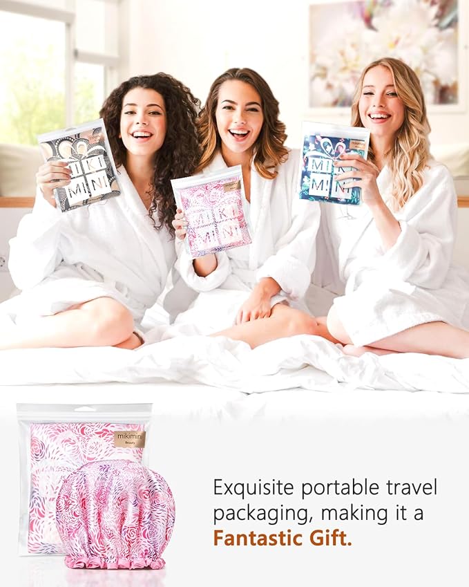 mikimini Shower Caps, Reusable Bath Shower Caps 2 Packs for Women Long Hair, Double Layer Waterproof Bathing Shower Hat for Girls, Floral Print