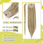 RUNATURE Ponytail Extension Human Hair Blonde, Real Hair Ponytail Extension, Human Hair Ponytail Wrap Around, Remy Natural Hair Tangle Free, 18 Inch 80g #16P22 Dark Ash Blonde Highlight Light Blonde