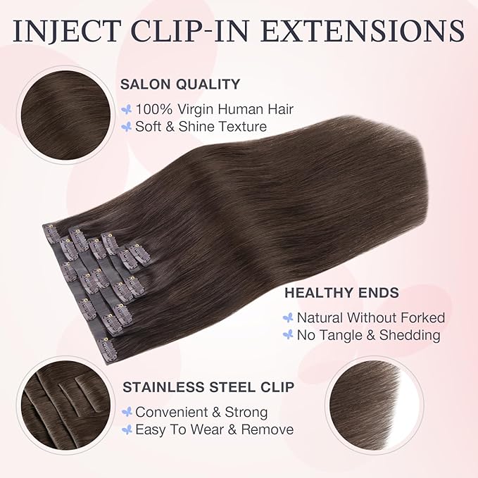 DOORES Clip in Hair Extensions Real Human Hair 22 inch 150g 7pcs Invisible Human Hair Extensions Clip ins, Injected Seamless PU Clipins Virgin Invisi Edge Natural Straight, 4A Chocolate Brown