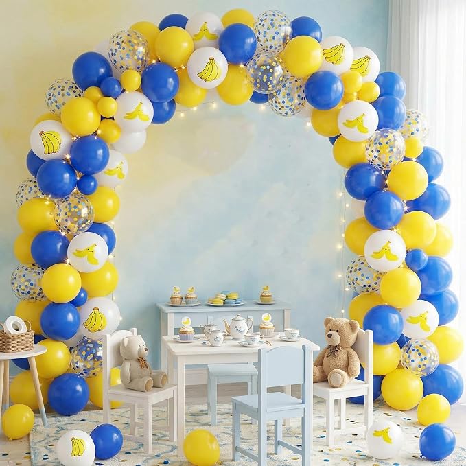 Blue and Yellow Balloons, 12 Inch Banana Print Blue Yellow Gold Confetti Balloon - Image 7