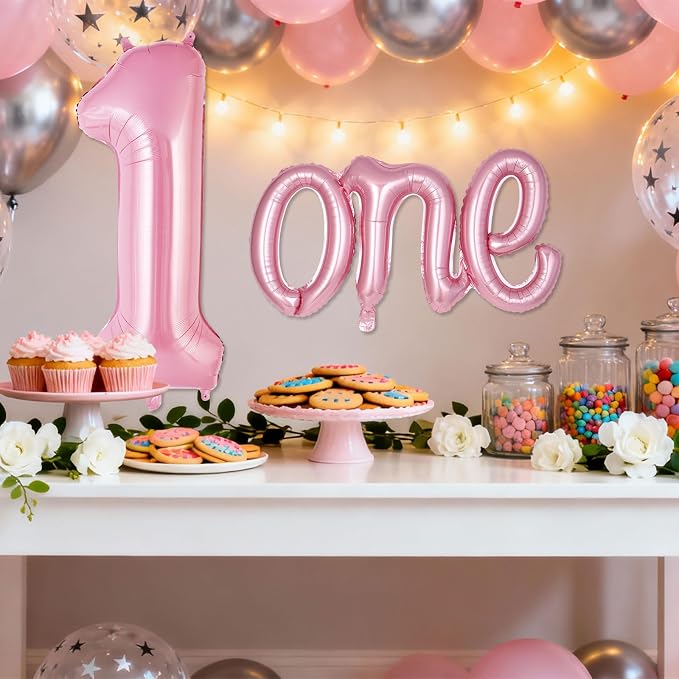 2 Pcs One Balloon Set, 40 Inch Number 1 Balloon and 41 Inch Script Letter One - Image 3
