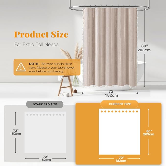72 x 80 Boho Linen Heavy Duty Cloth Shower Curtain Set, Tan/Taupe | Long Size - Image 3