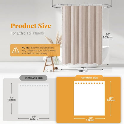 72 x 80 Boho Linen Heavy Duty Cloth Shower Curtain Set, Tan/Taupe | Long Size - Image 3