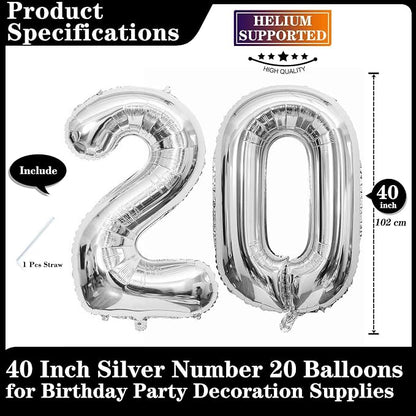 Silver 20 Number Balloons, 40 Inch Giant Number 20 Balloons Foil Mylar Helium - Image 2