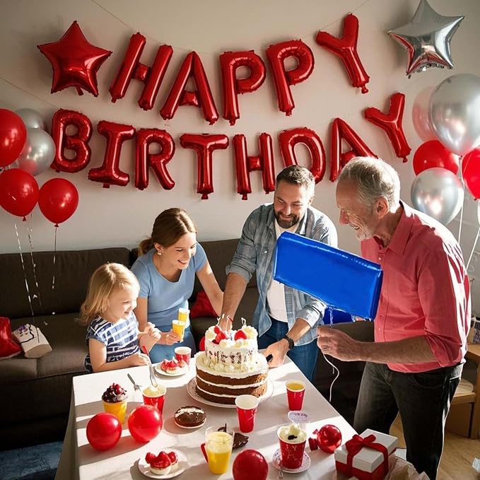 27 Pcs Red Silver Birthday Decorations, 3D Letters Red Happy Birthday Balloon - Image 2