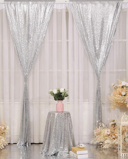 Poise3EHome Silver Sequin Backdrop Curtains, 4 Panels 2FTx8FT Glitter Background - Image 2