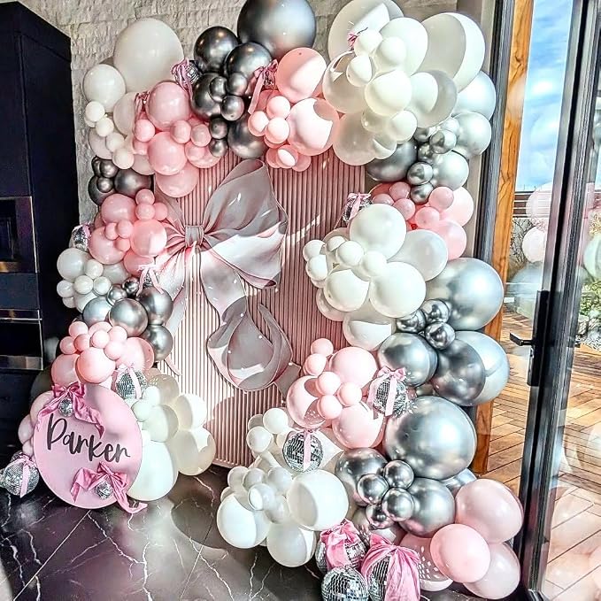 Pink White Silver Balloons Arch Kit - Image 6