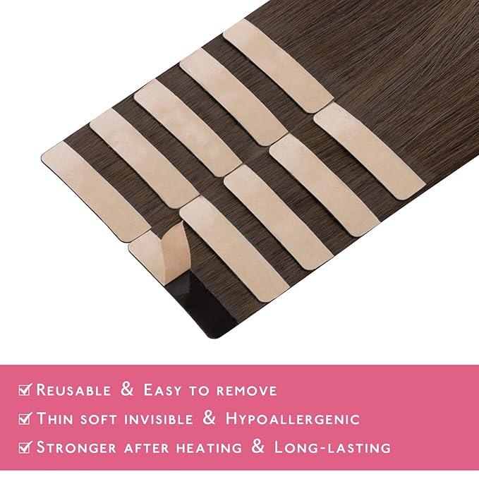 WENNALIFE Tape in Hair Extensions Human Hair Chocolate Brown Tape in Extensions, 10pcs 25g 14 inch Remy Invisible Tape Ins Straight Soft Real Human Hair Tape in Extensions Refill Set Extensions