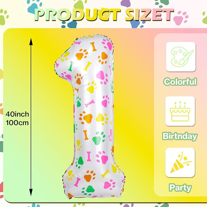 40 Inch Multi-color Dog Paw Birthday Balloons, Numeral 1 Birthday Balloons - Image 2