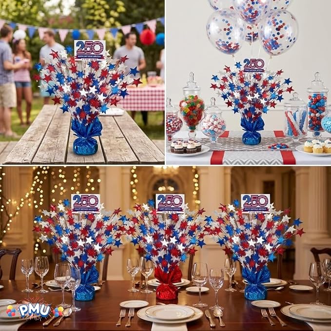 PMU 3 Pcs 250th Anniversary Patriotic Star Metallic Foil Spray Centerpiece Red - Image 2