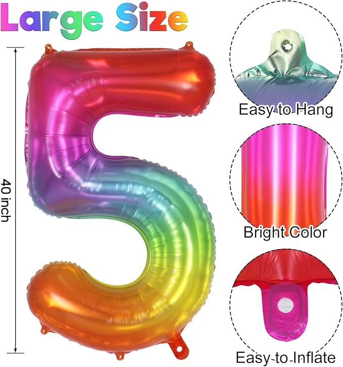 Rainbow Number 5 Balloon 40 Inch, Big Large Foil Number Balloons, Gradient - Image 3