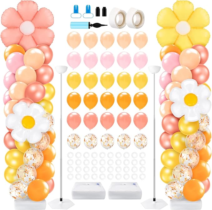 Kasyat 2 Sets Groovy Balloon Column Stand Kit Boho Daisy Macaron Pink Yellow by Kasyat