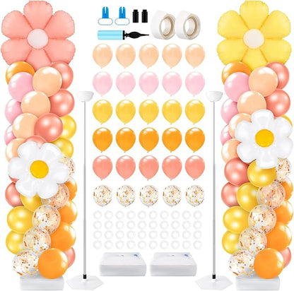 Kasyat 2 Sets Groovy Balloon Column Stand Kit Boho Daisy Macaron Pink Yellow by Kasyat