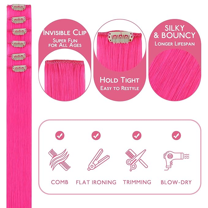 WENNALIFE Hot Pink Clip in Hair Extensions Real Human Hair 35g 6pcs 18 Inch Colored Hair Extensions for Kids Women Colorful Hair Pieces Pop-up Style Straight Extensiones De Cabello Humano Con Clip