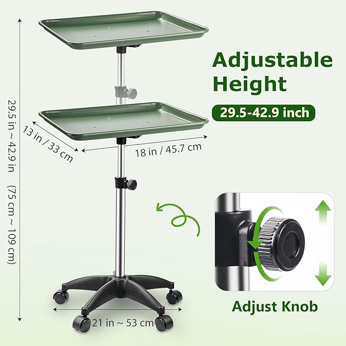Rolling Salon Tray, Adjustable Salon Tray on Wheels, Premium Aluminum Tattoo Tray Cart for Spa Clinic, Green