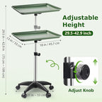 Rolling Salon Tray, Adjustable Salon Tray on Wheels, Premium Aluminum Tattoo Tray Cart for Spa Clinic, Green