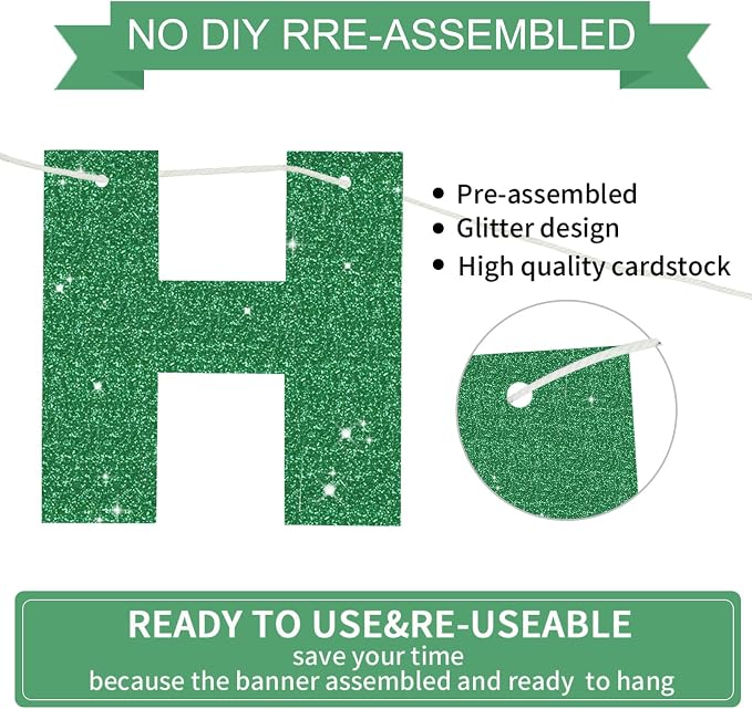 BEISHIDA Pre-Strung Glitter Green Happy Birthday Banner Party Sign Decor | NO - Image 3