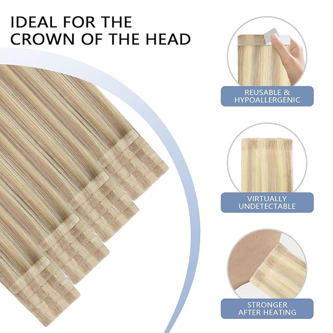 COOKAYU Invisible Tape in Hair, Ash Blonde and Platinum Blonde Seamless Injected Tape in Human Hair Extensions 20pcs/pack 16Inch 35g Invisi Edge Extensions