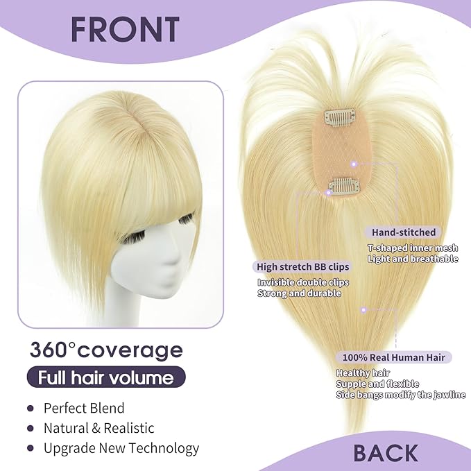 Human Hair Topper with Bangs for Women 14'' Bleach Blonde 100% Remy Human Hair Invisible Hair Piece for Thinning Hair
