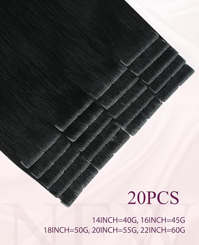 Pinkpearl Invisible Tape in Hair Extensions Human Hair, 20pcs 14inch 40g #1 Jet Black Injection Tape in Extensions Real Remy Straight Seamless Silky Human Hair Injected