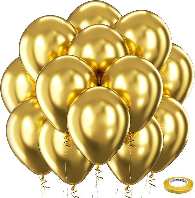 Bezente Gold Metallic Chrome Latex Balloons, 100 Pack 12 inch Gold Round Helium by Bezente